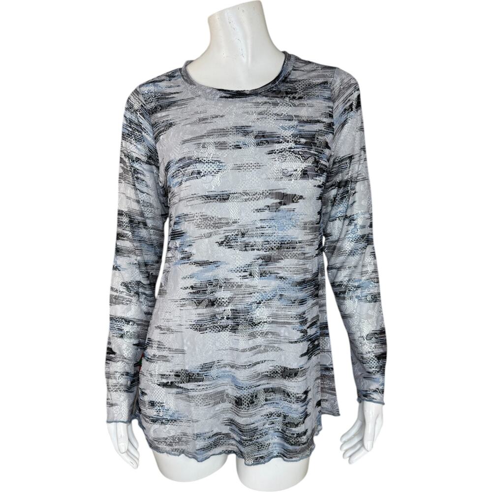 LOGO by Lori Goldstein Printed Sheer Lace Top Grey Small NWT Casual Metallic